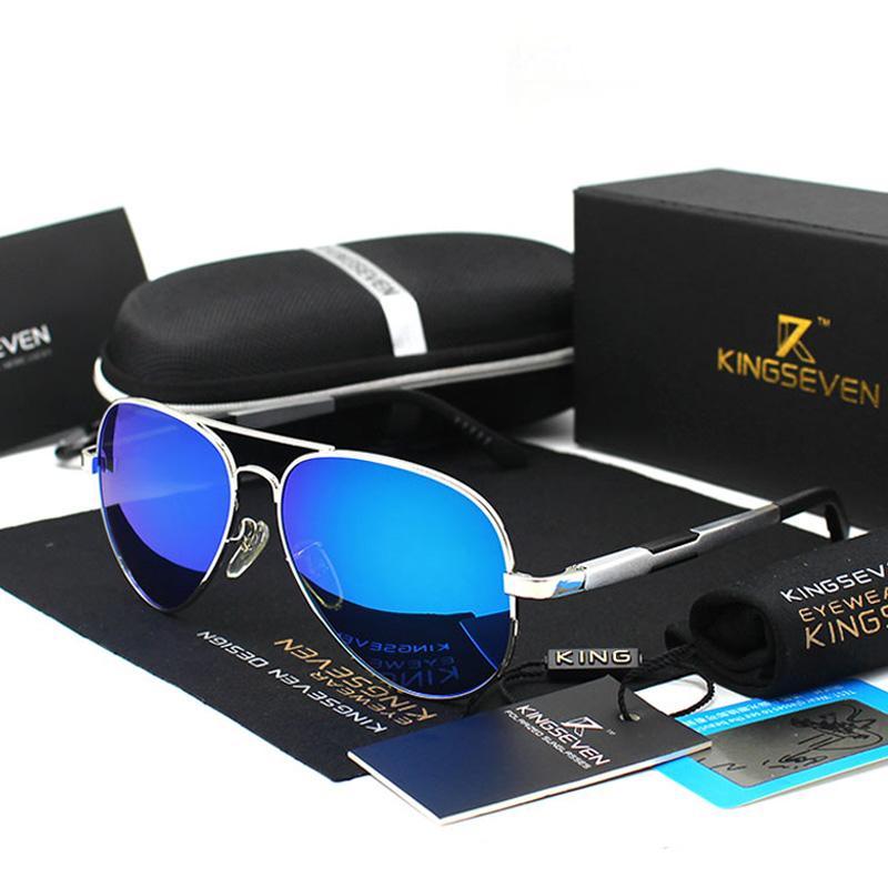 Aviation sunglasses with blue mirrored lenses and silver frame, Kingseven branding on Tampa Home & Garden Store