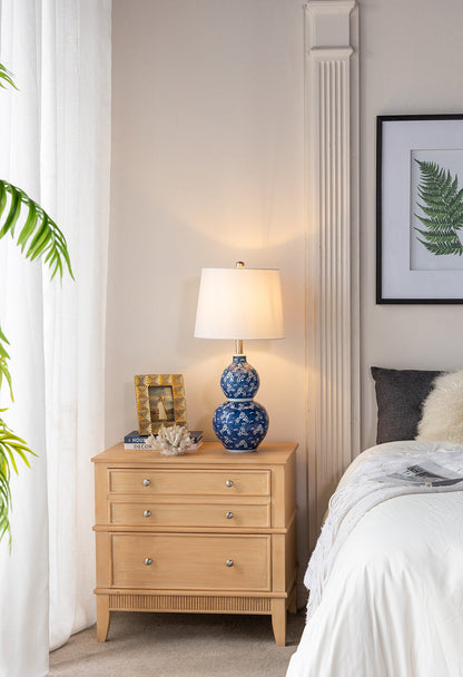 D13x25.7' Blue and White Round Two-Tier Ceramic Vase Lamp with shade on light wood nightstand on Tampa Home & Garden Store