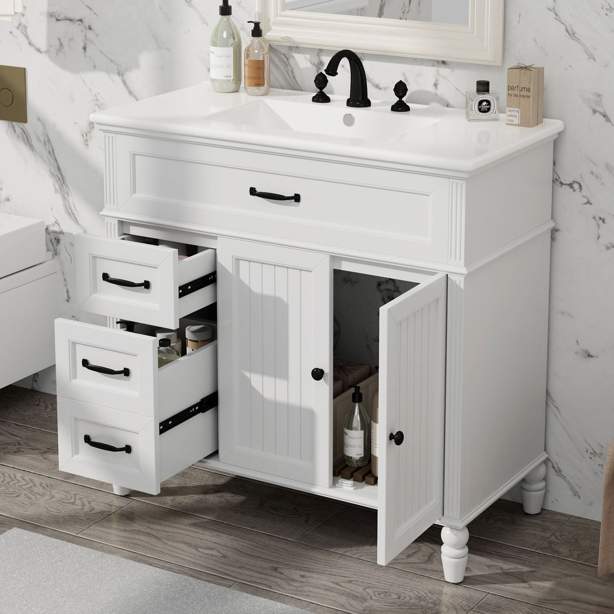 Bathroom vanity with sink and drawers white wood cabinet by HouseOfZazla with black hardware on Tampa Home & Garden Store