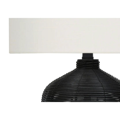Table lamp with white rectangular fabric shade and black woven rattan base, modern style on Tampa Home & Garden Store