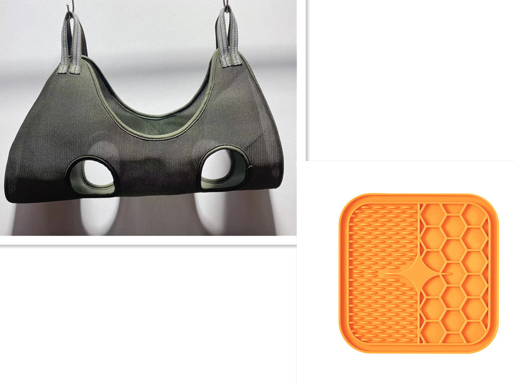 Pet Zen hammock for small/med pets, dark green fabric with leg holes; orange honeycomb mat on Tampa Home & Garden Store