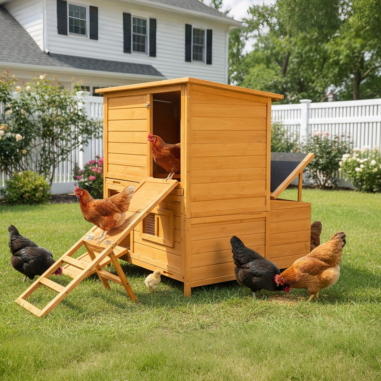 Double-House wooden chicken coop in natural wood finish with ramp for 6–8 chickens HouseOfZazla on Tampa Home & Garden Store