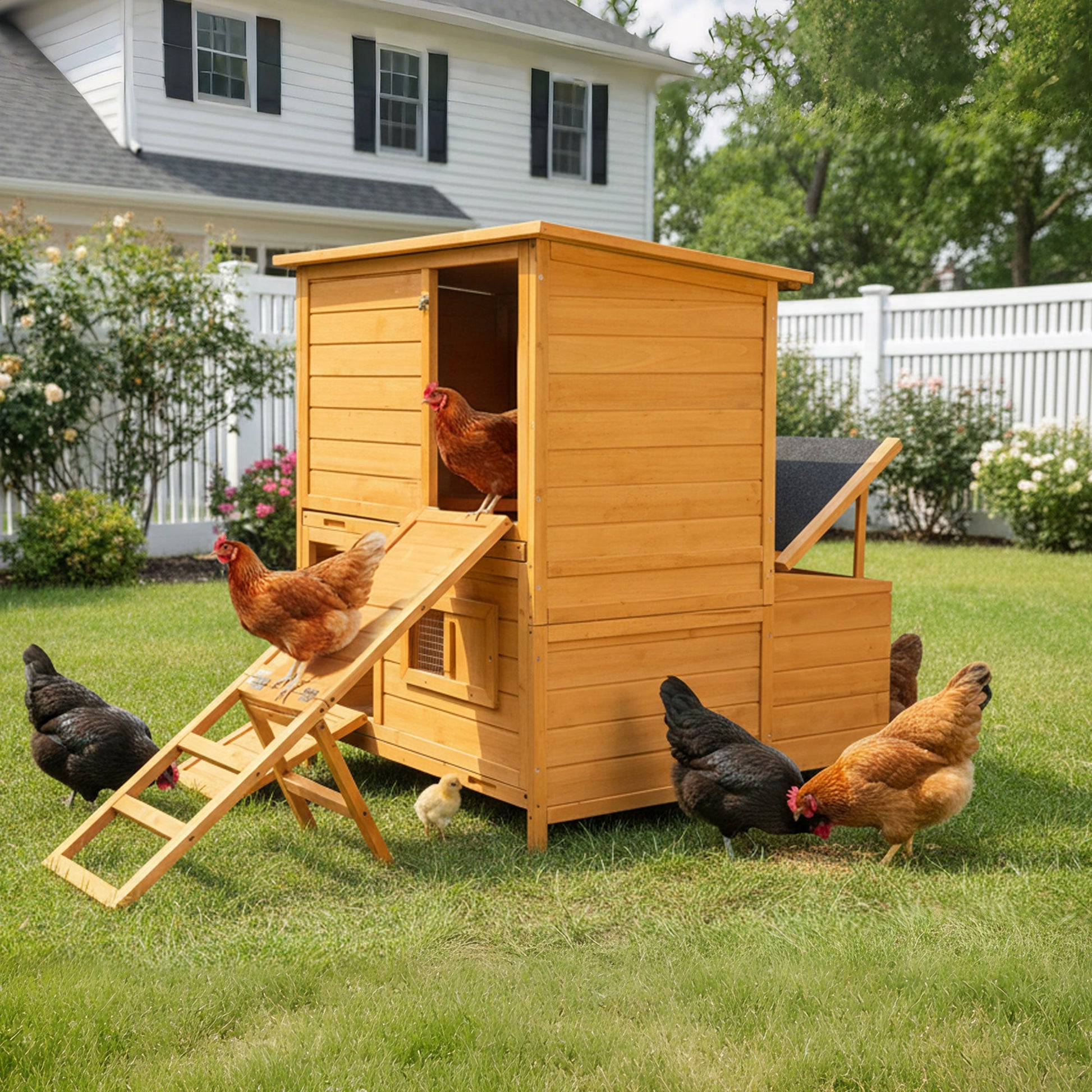 Double-House wooden chicken coop in natural wood finish with ramp for 6–8 chickens HouseOfZazla on Tampa Home & Garden Store