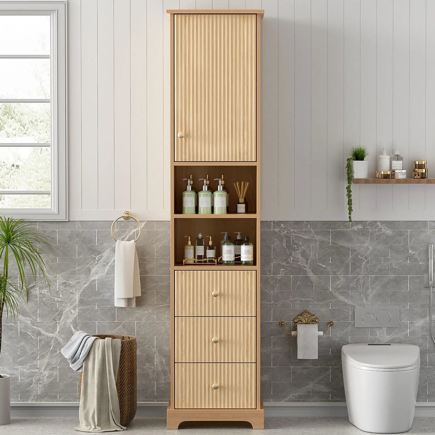 Tall Bathroom Cabinet With Door and Drawers Wood