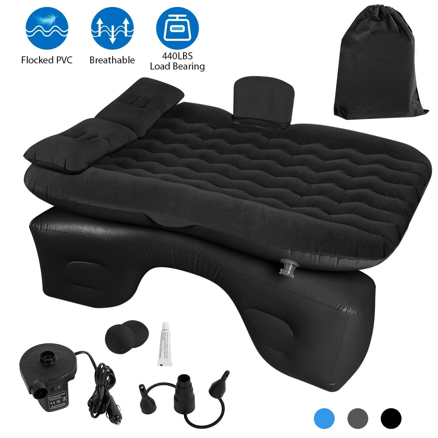 GemGear car air mattress bed with pump kit, black flocked PVC surface, portable travel sleep mat on Tampa Home & Garden Store