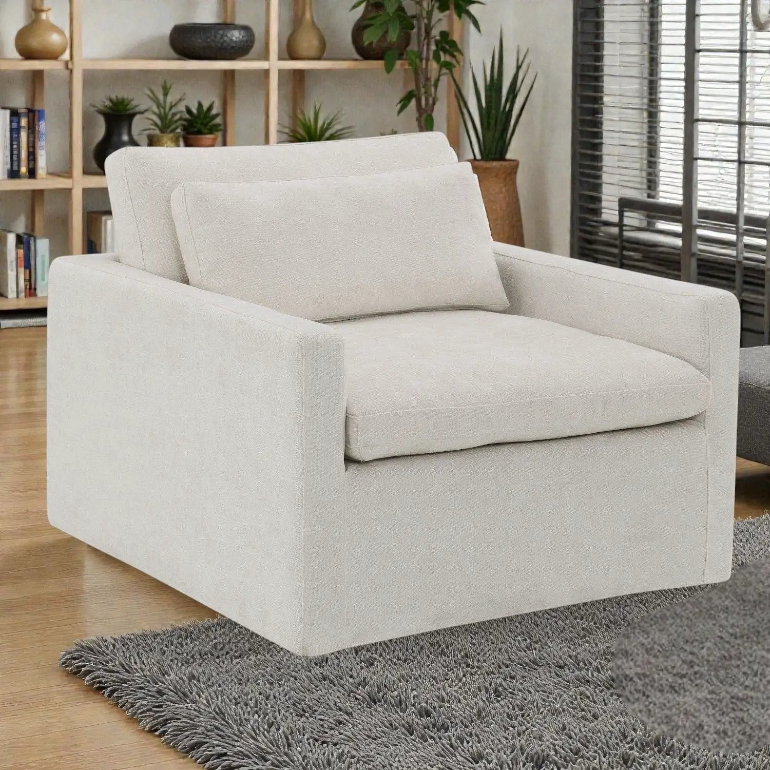 Naveen Swivel Chair with 1 Toss Pillow, beige fabric upholstery, Unique Piece Furniture on Tampa Home & Garden Store