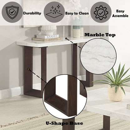 Edwyn natural marble top end table with dark wood U-shaped base by HouseOfZazla on Tampa Home & Garden Store
