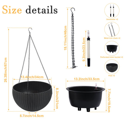 Self Watering Hanging Planter by HouseOfZazla, black woven basket, set of 2 pots on Tampa Home & Garden Store