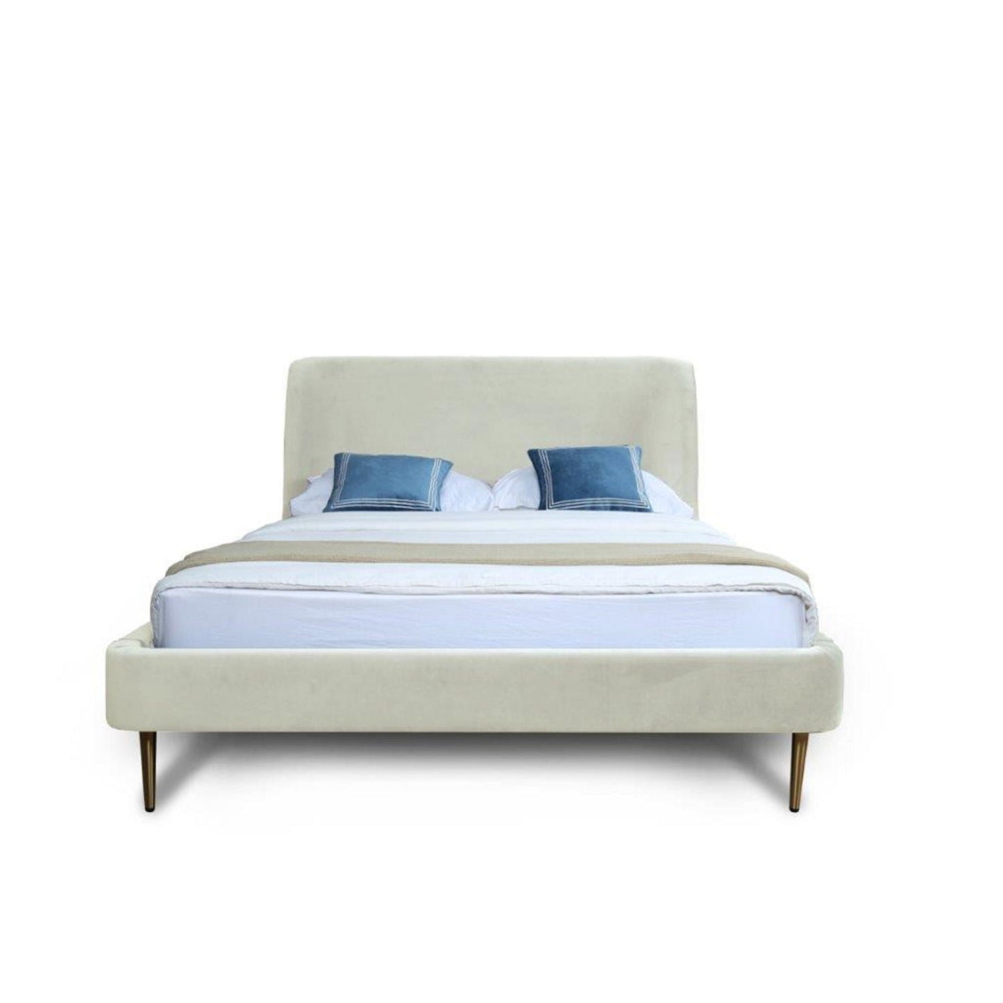 Heather upholstered bed with curved beige headboard, beige frame and gold legs, HouseOfZazla on Tampa Home & Garden Store