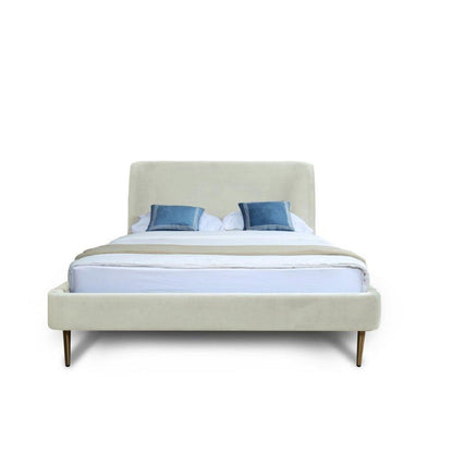 Heather upholstered bed with curved beige headboard, beige frame and gold legs, HouseOfZazla on Tampa Home & Garden Store