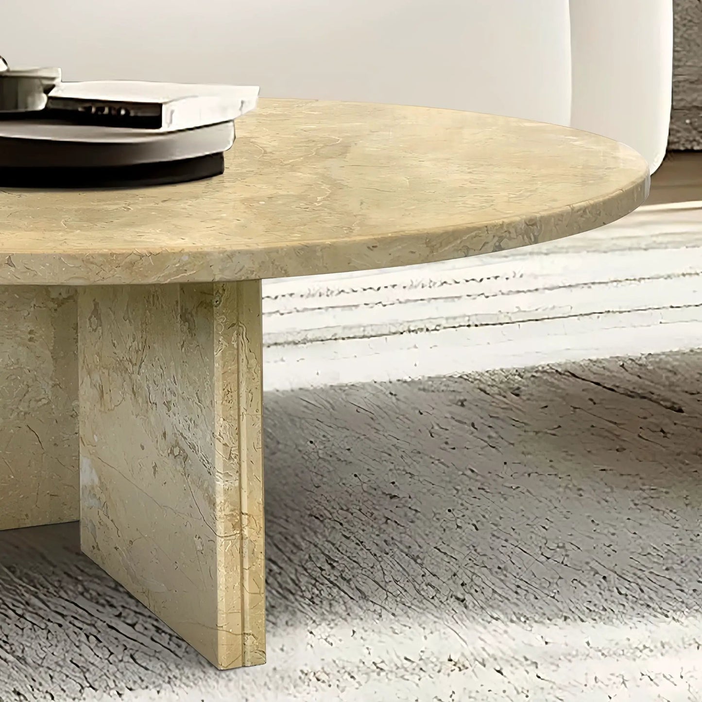 Elegant Coffee Duo Table Set beige marble top with a pedestal leg by Unique Piece Furniture on Tampa Home & Garden Store