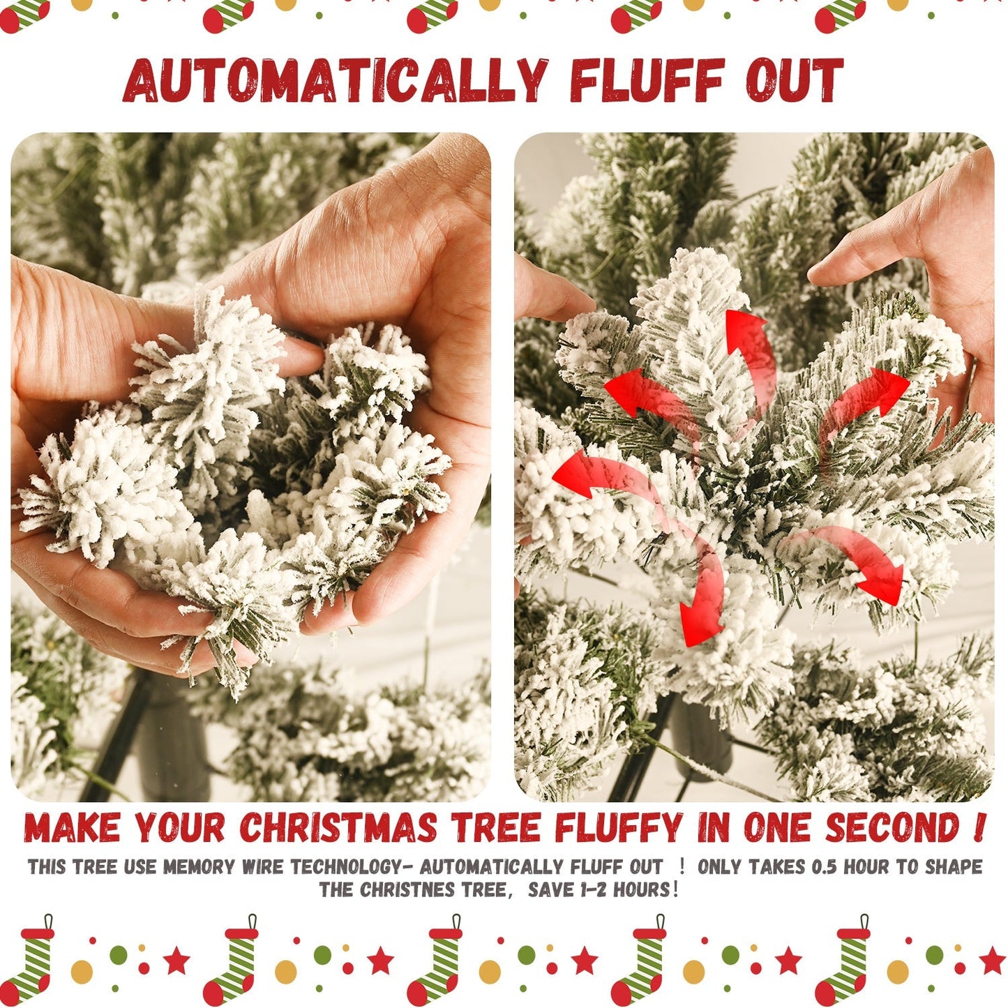 9-Foot Pre-Lit Snow-Flocked Christmas Tree by HouseOfZazla with fluffy snowy branches on Tampa Home & Garden Store