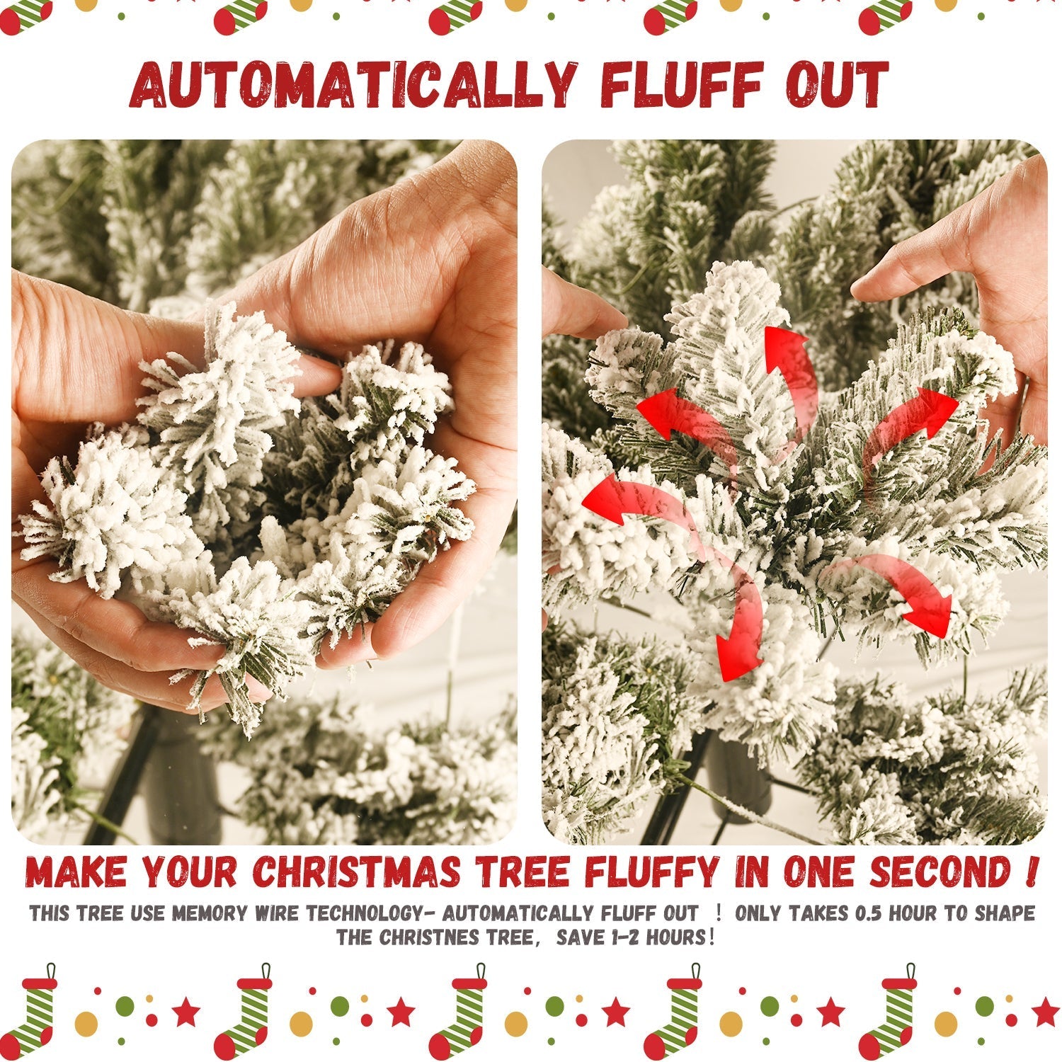 9-Foot Pre-Lit Snow-Flocked Christmas Tree by HouseOfZazla with fluffy snowy branches on Tampa Home & Garden Store