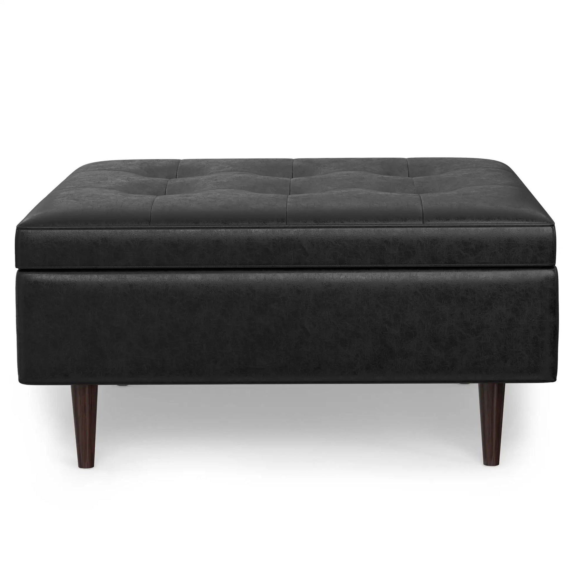 Shay large square storage ottoman in black faux leather with tufted lid and wooden legs on Tampa Home & Garden Store