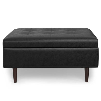 Shay large square storage ottoman in black faux leather with tufted lid and wooden legs on Tampa Home & Garden Store