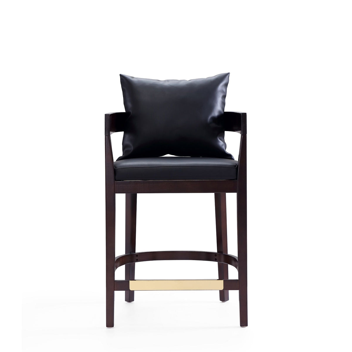 Mid-Century Counter Stool with black leather upholstery, dark wood frame and brass footrest on Tampa Home & Garden Store