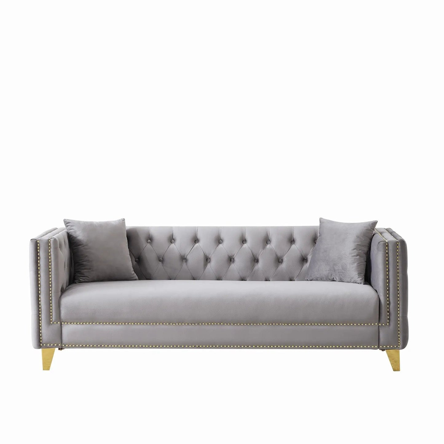 3 Seater Deep Seat Sofa with button tufting, nailhead trim, square arms, gray upholstery on Tampa Home & Garden Store