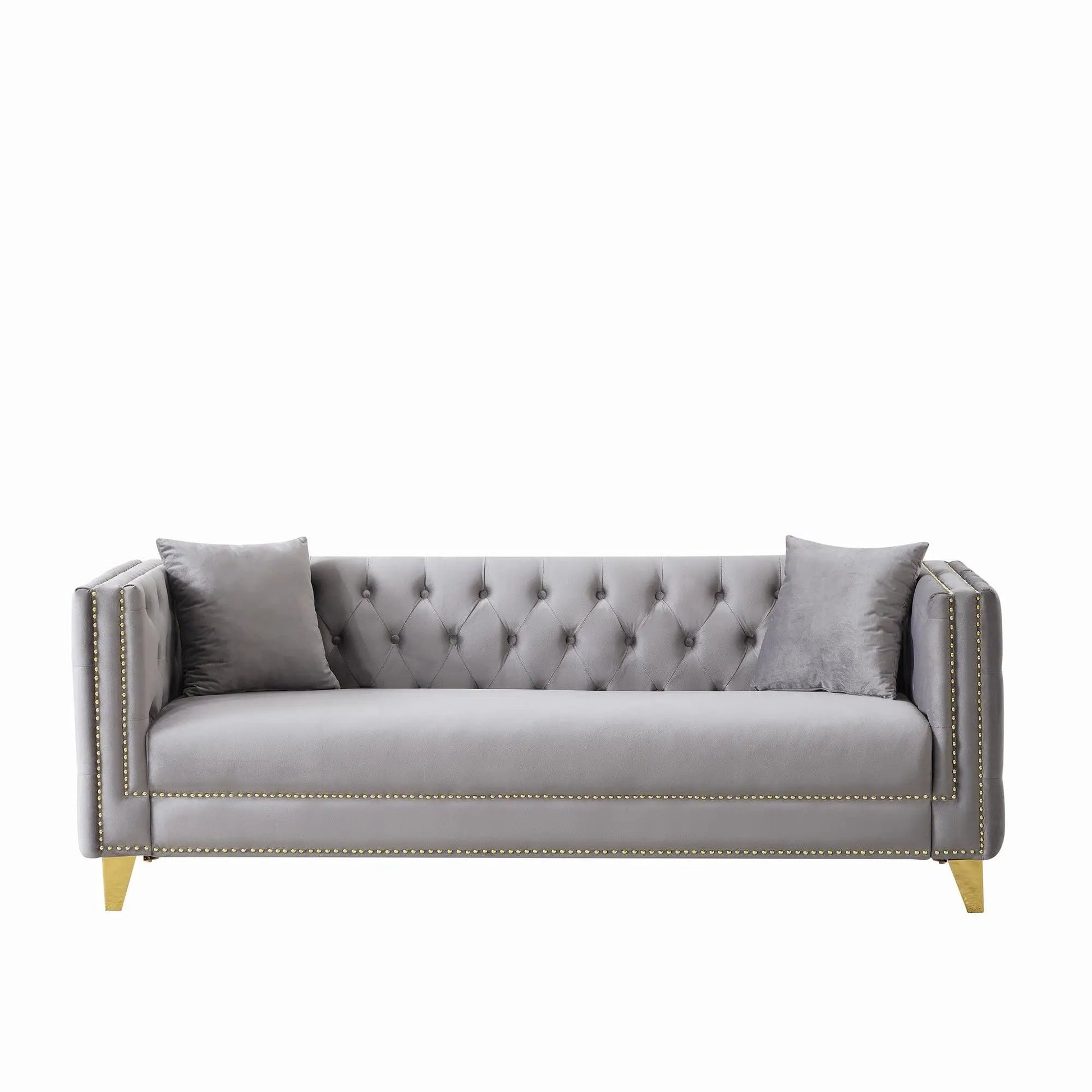 3 Seater Deep Seat Sofa with button tufting, nailhead trim, square arms, gray upholstery on Tampa Home & Garden Store