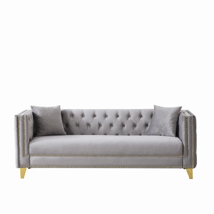 3 Seater Deep Seat Sofa with button tufting, nailhead trim, square arms, gray upholstery on Tampa Home & Garden Store