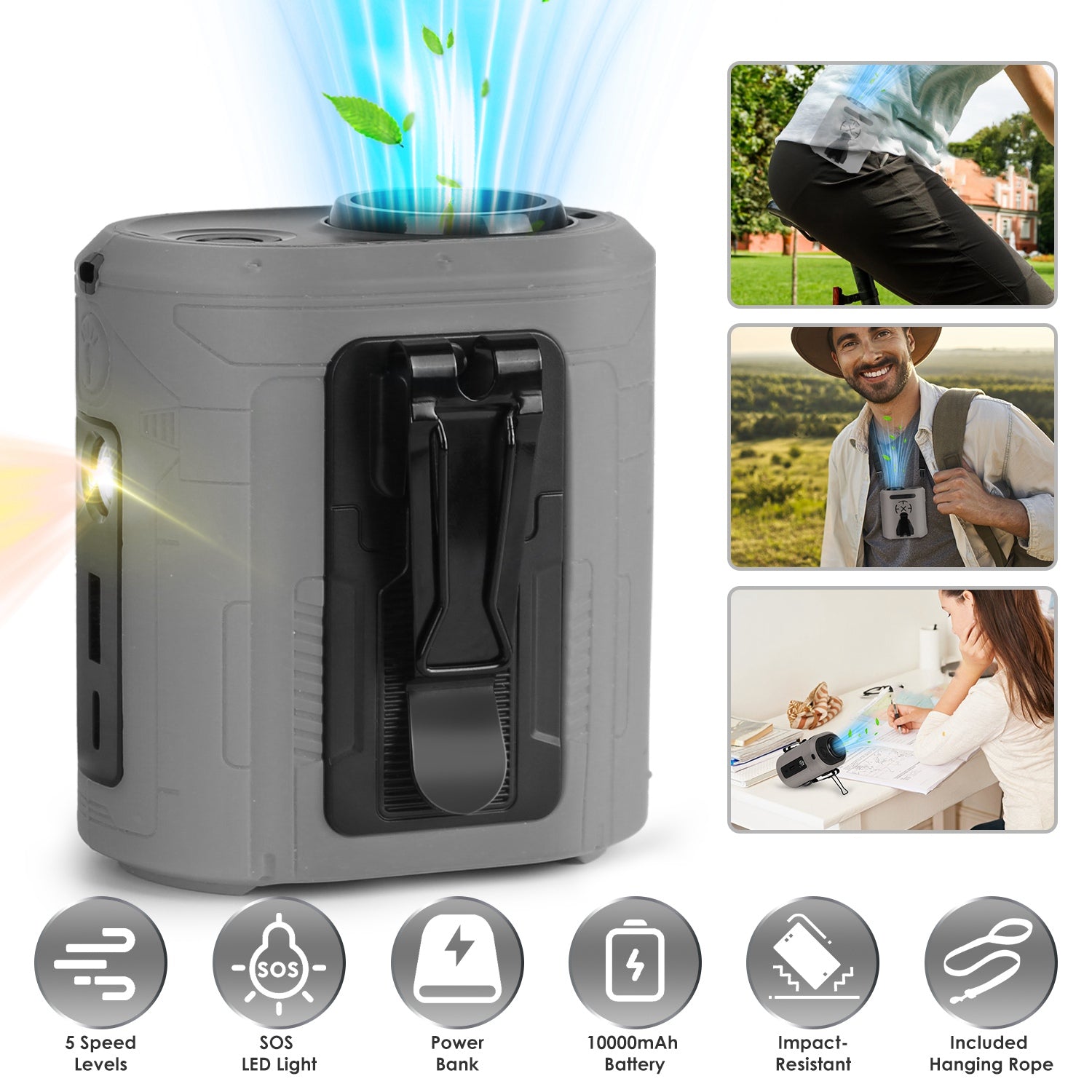 GemGear 5-in-1 portable waist clip fan with 5 speeds, flashlight, 10000mAh battery on Tampa Home & Garden Store