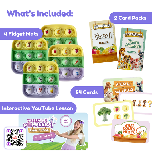 Popplers Farm & Food educational toy with 4 fidget mats, 54 cards, and 2 card packs on Tampa Home & Garden Store