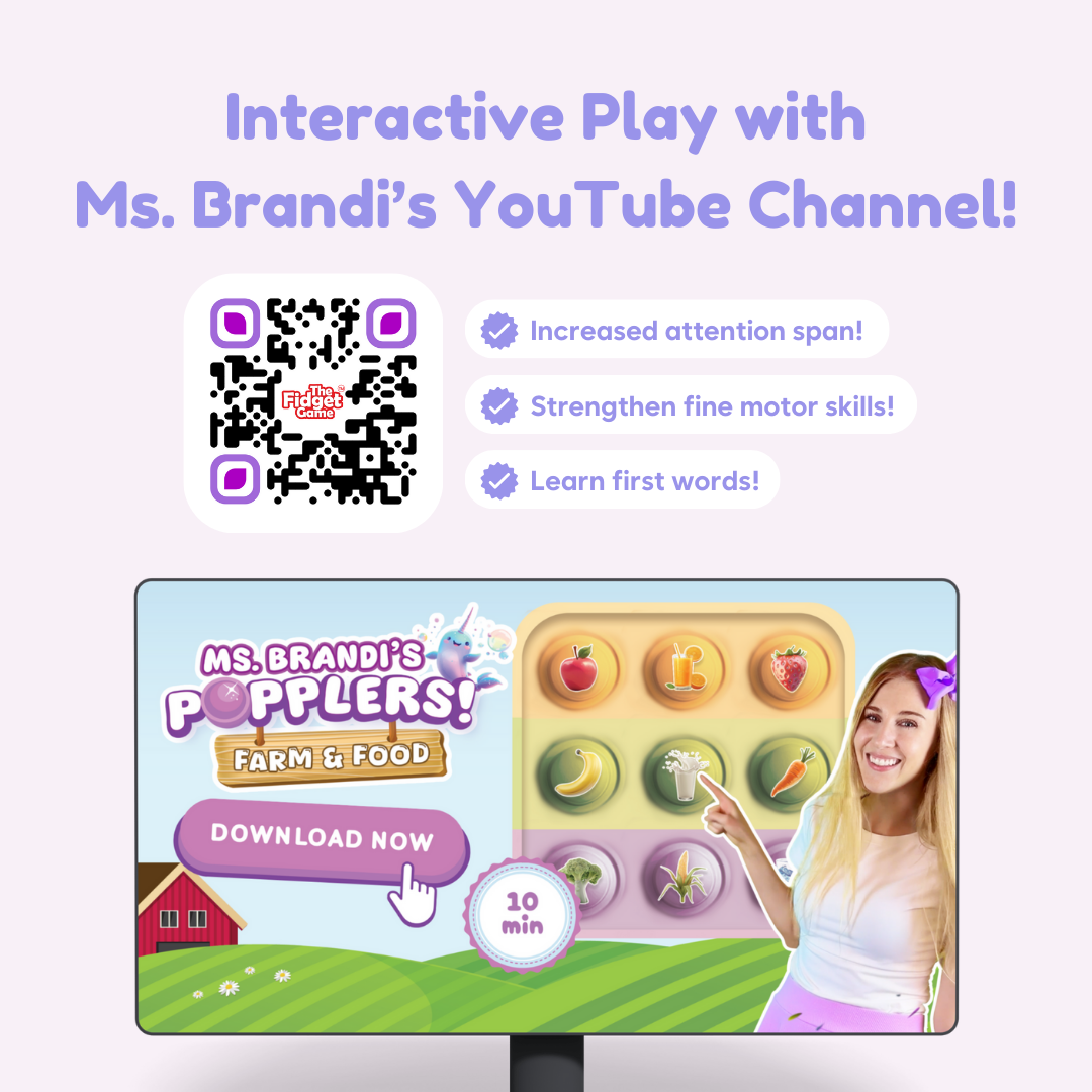 Popplers Farm & Food educational toy by The Fidget Games; pastel promo with QR code and icons on Tampa Home & Garden Store