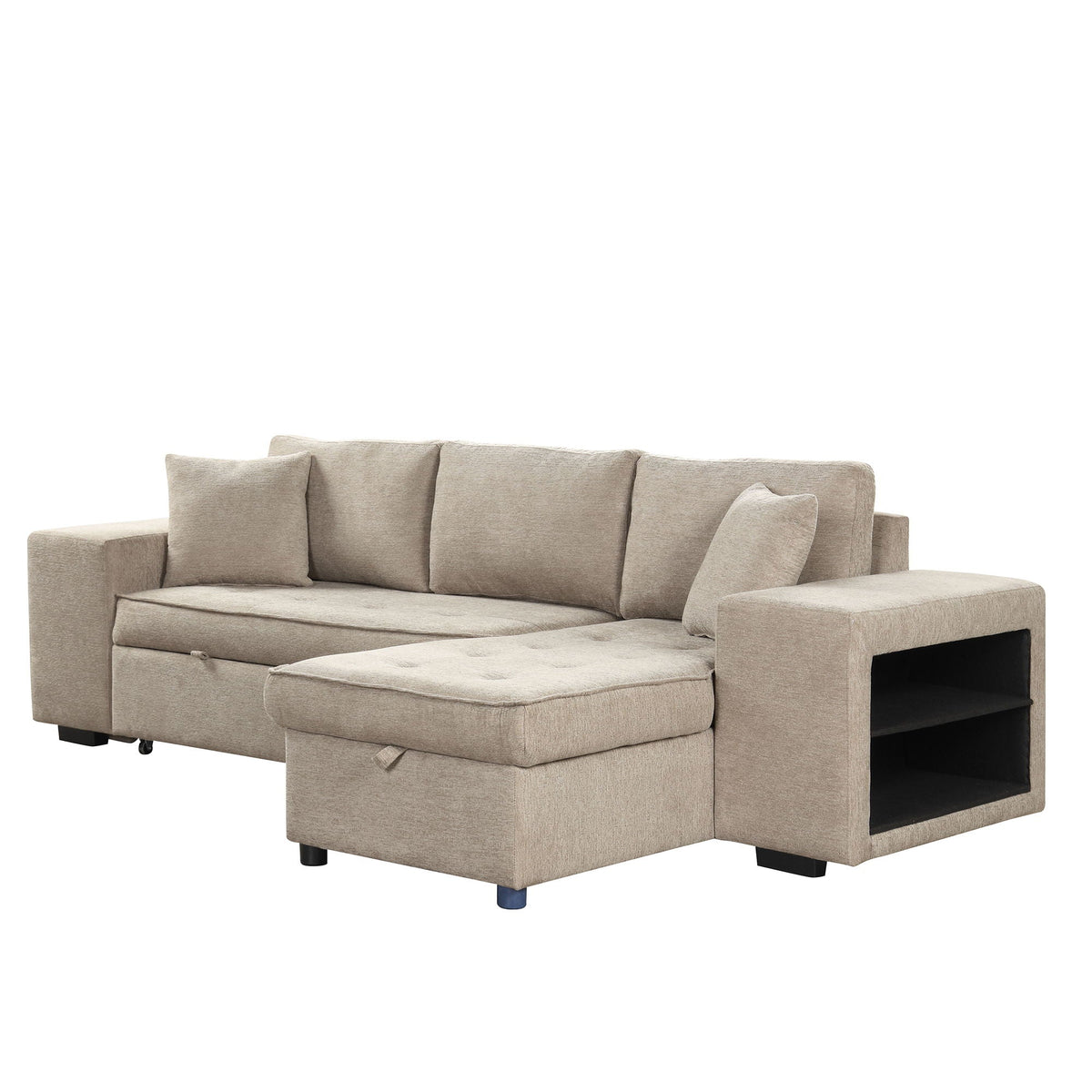 HouseOfZazla beige L-shape sleeper sectional with storage chaise and 2 stools on Tampa Home & Garden Store