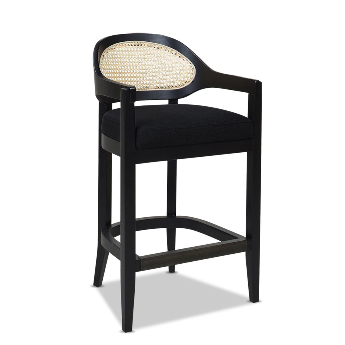 HouseOfZazla counter-height stool with barrel-back cane back, black frame, and cushion on Tampa Home & Garden Store