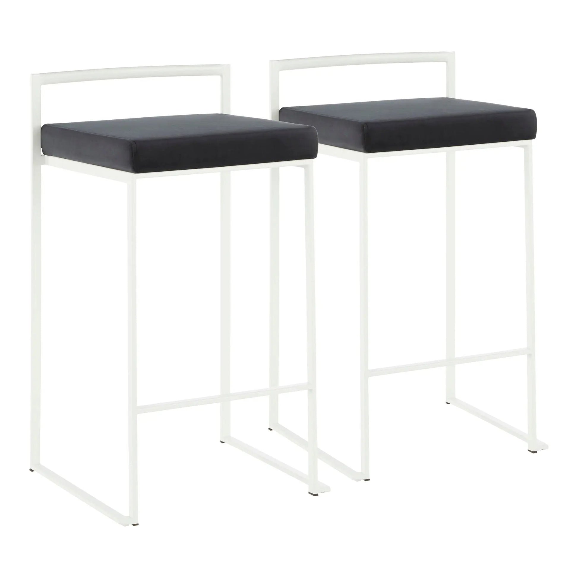 Fuji stackable counter stools, white frames and dark gray cushions, two stools on Tampa Home & Garden Store