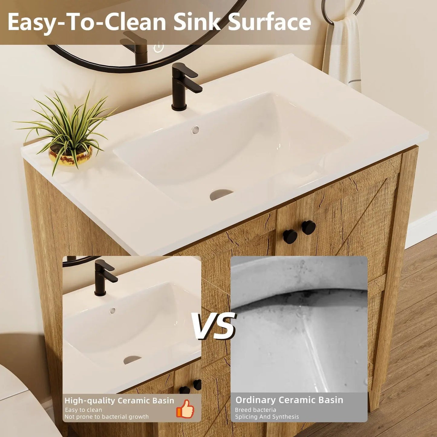Folding floor cabinet vanity with white ceramic sink, black matte faucet, wood grain cabinet on Tampa Home & Garden Store