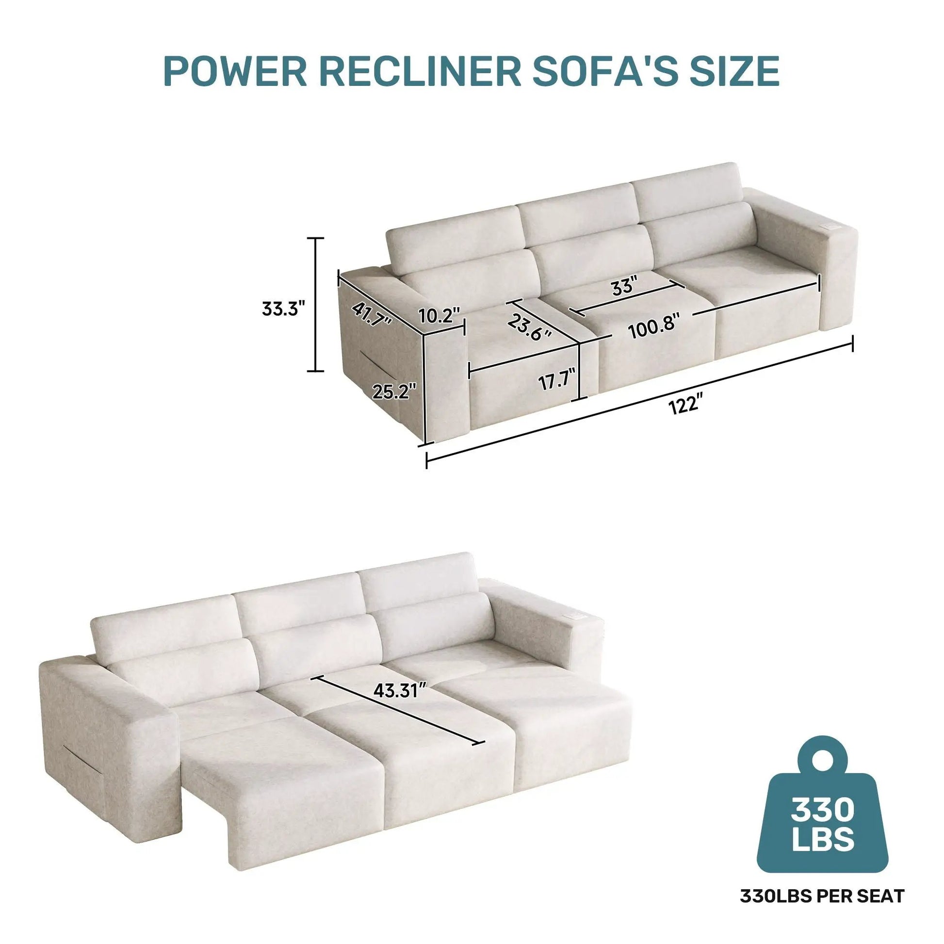 3 Seater Power Recliner Sofa beige fabric with wireless charging and remote on Tampa Home & Garden Store