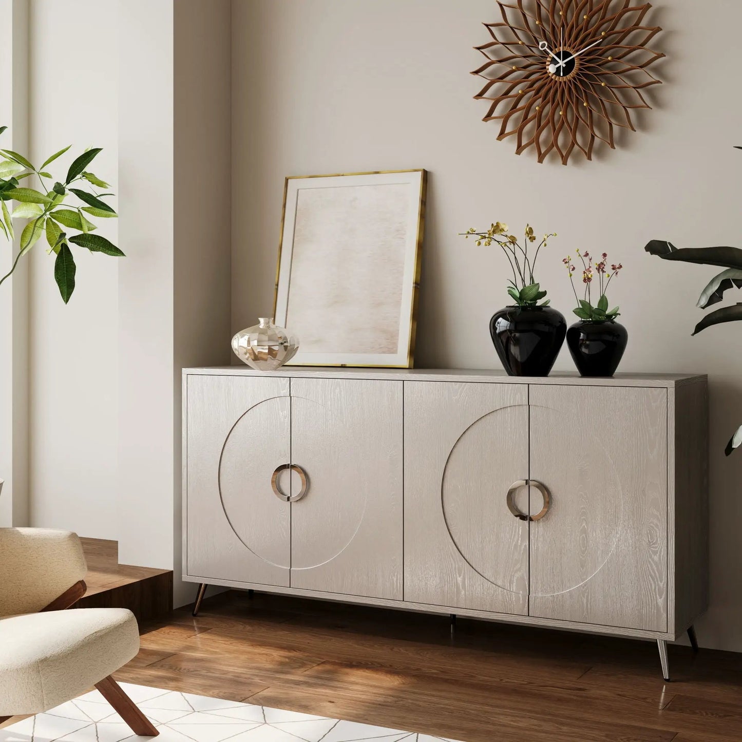 Modern lacquered 4-door wooden sideboard in light gray finish with circular copper ring pulls on Tampa Home & Garden Store