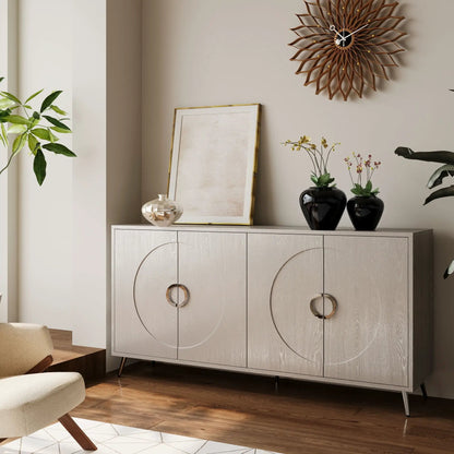 Modern lacquered 4-door wooden sideboard in light gray finish with circular copper ring pulls on Tampa Home & Garden Store