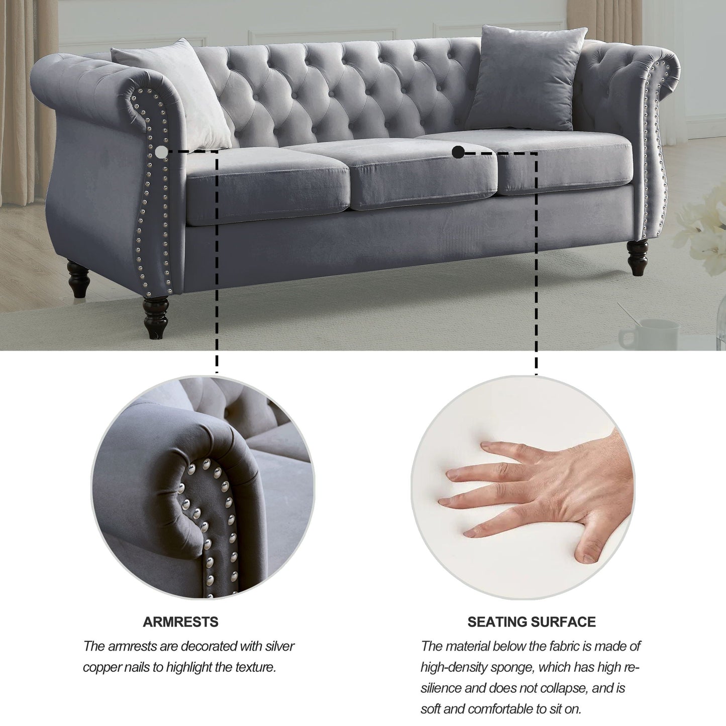 Chesterfield Sofa With Nailhead Trim and Cushions
