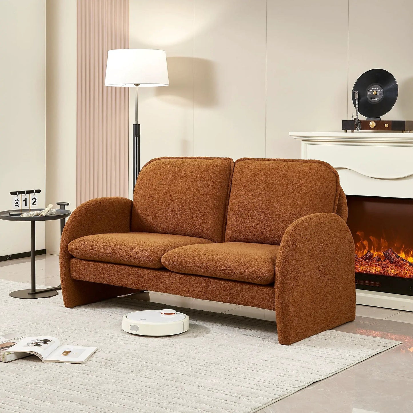 Stationary brown sherpa fabric loveseat sofa with plush cushions for living room decor on Tampa Home & Garden Store