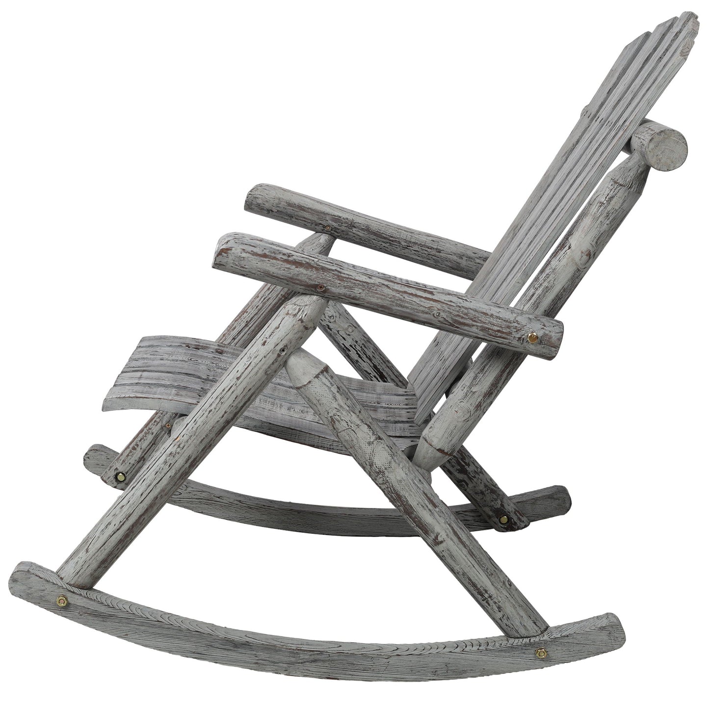 Durable fir log porch rocker with weathered gray finish and slatted back by HouseOfZazla on Tampa Home & Garden Store