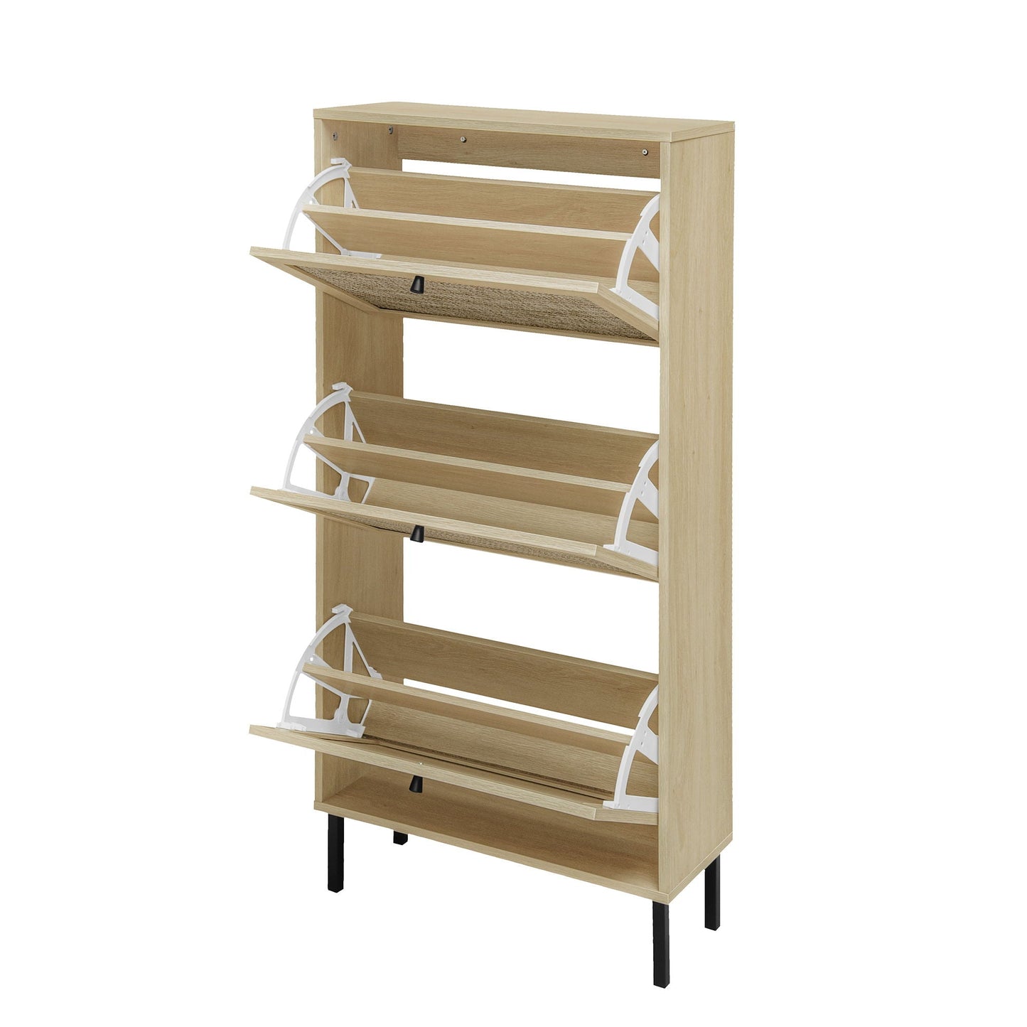 Modern rattan 3-door shoe rack cabinet in light wood with white metal frame entryway organizer on Tampa Home & Garden Store