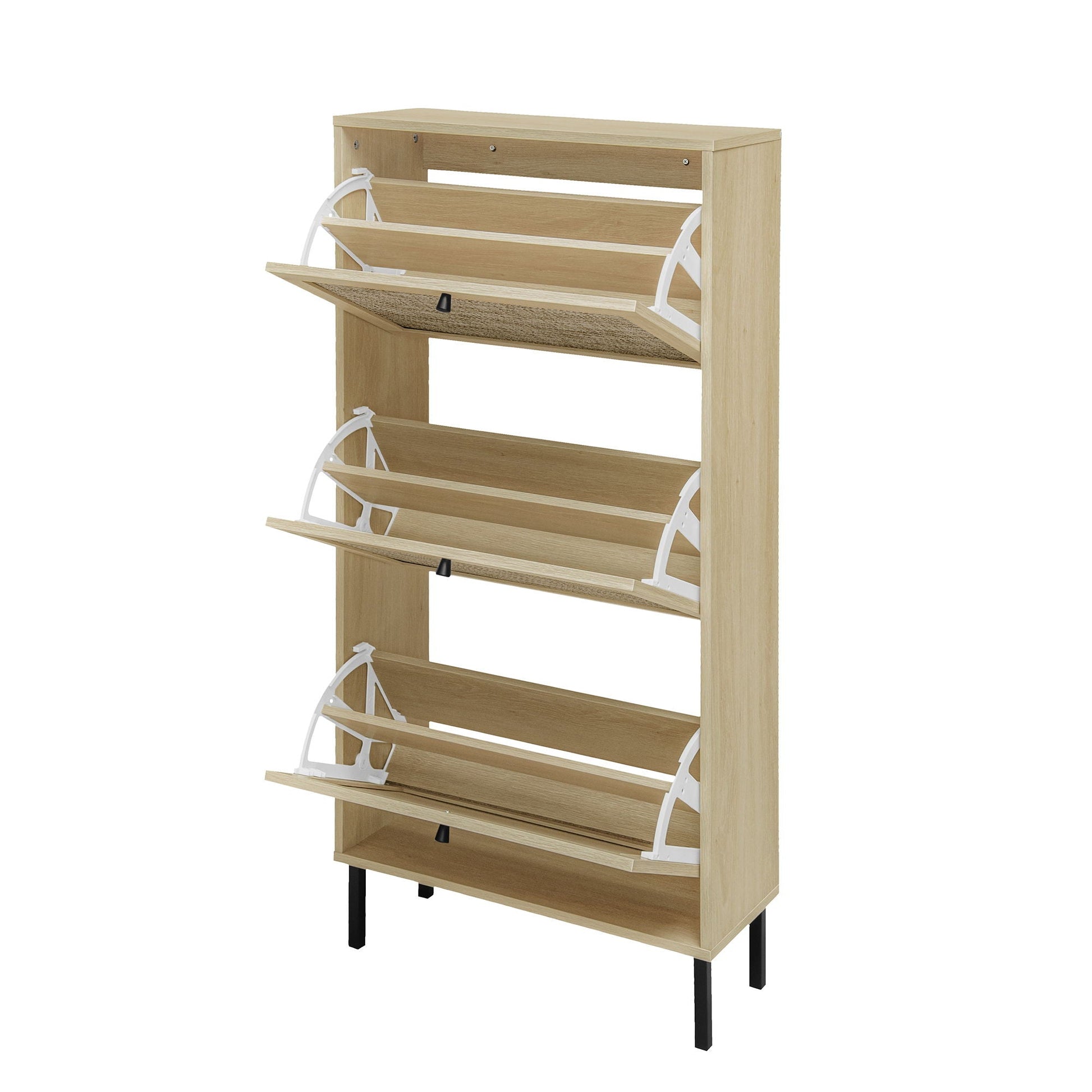 Modern rattan 3-door shoe rack cabinet in light wood with white metal frame entryway organizer on Tampa Home & Garden Store