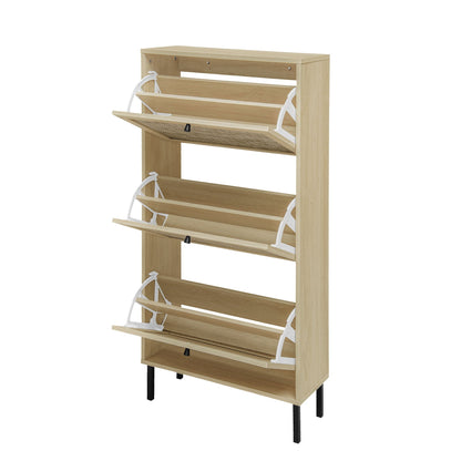Modern rattan 3-door shoe rack cabinet in light wood with white metal frame entryway organizer on Tampa Home & Garden Store