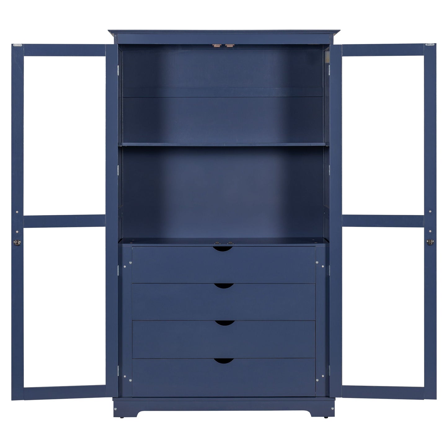 Blue Pine Cabinet With Glass Doors And Drawers