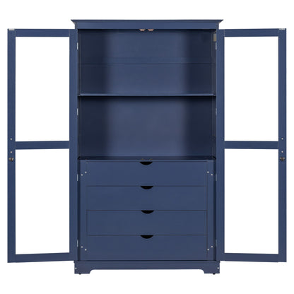 Blue Pine Cabinet With Glass Doors And Drawers