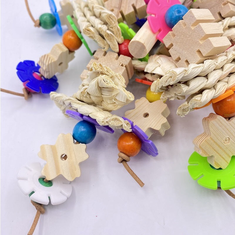 Parrot Gnawing Toy with braided rope, wooden shapes, colorful beads and plastic discs on Tampa Home & Garden Store