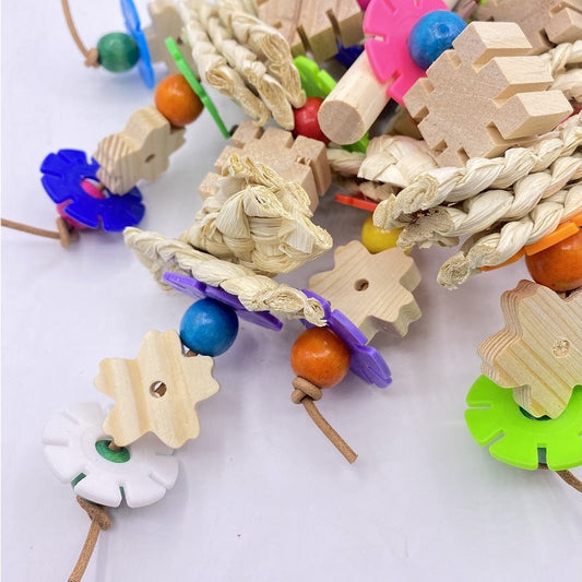 Parrot Gnawing Toy with braided rope, wooden shapes, colorful beads and plastic discs on Tampa Home & Garden Store