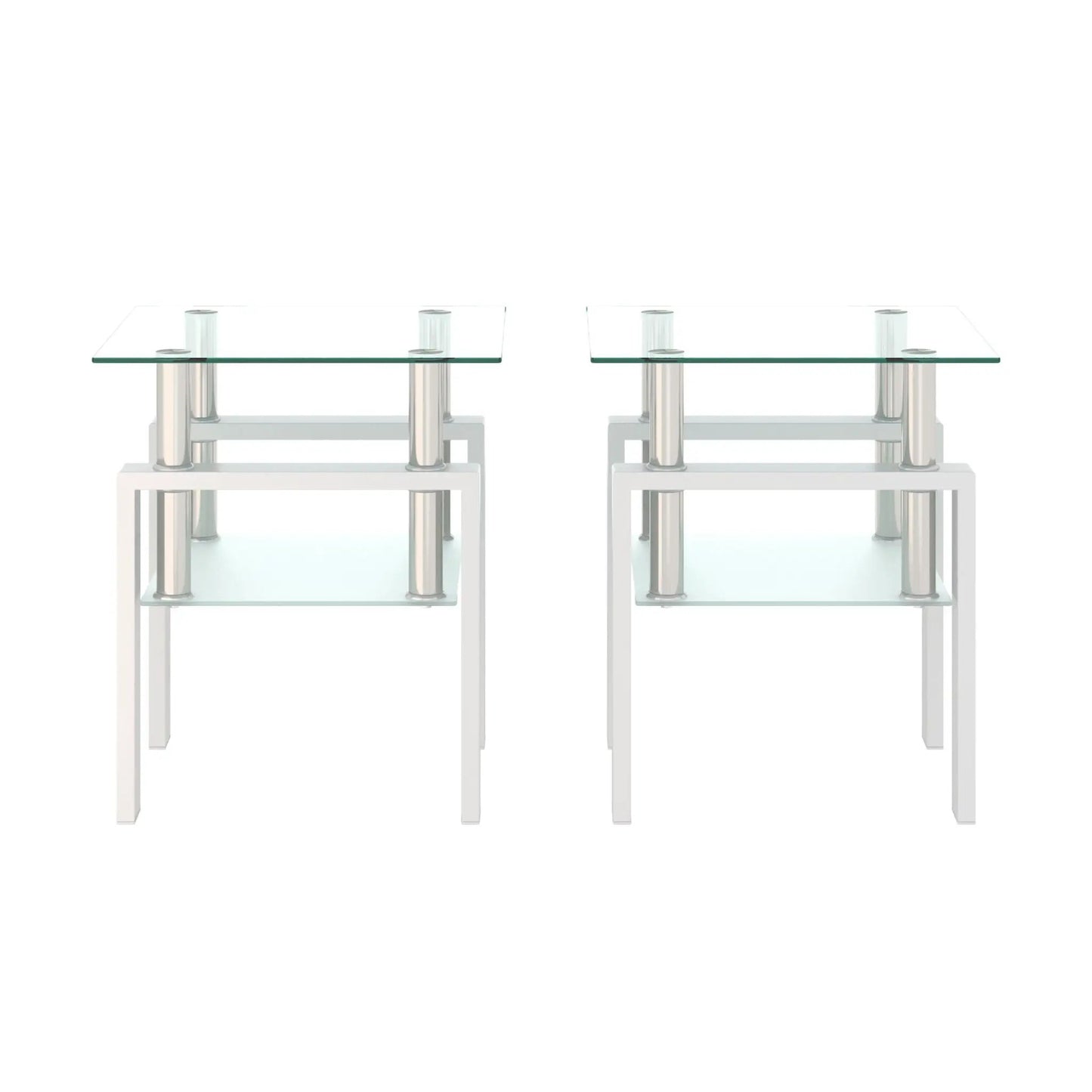 Modern tempered glass end tables pair with chrome metal frames on Tampa Home & Garden Store