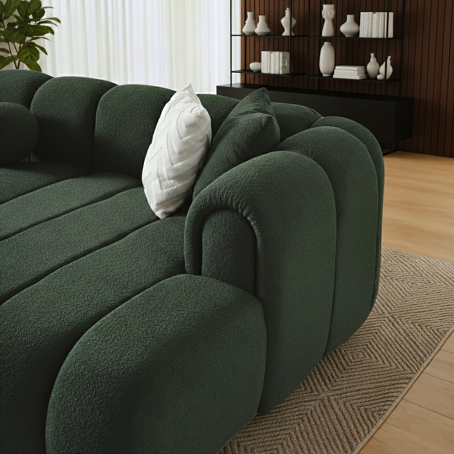 Beatrice modern tufted dark green sectional sofa by HouseOfZazla with a white pillow on Tampa Home & Garden Store