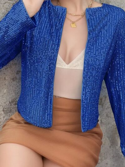 Stevvex blue sequin cropped jacket, open-front party coat with glamorous sparkle on Tampa Home & Garden Store