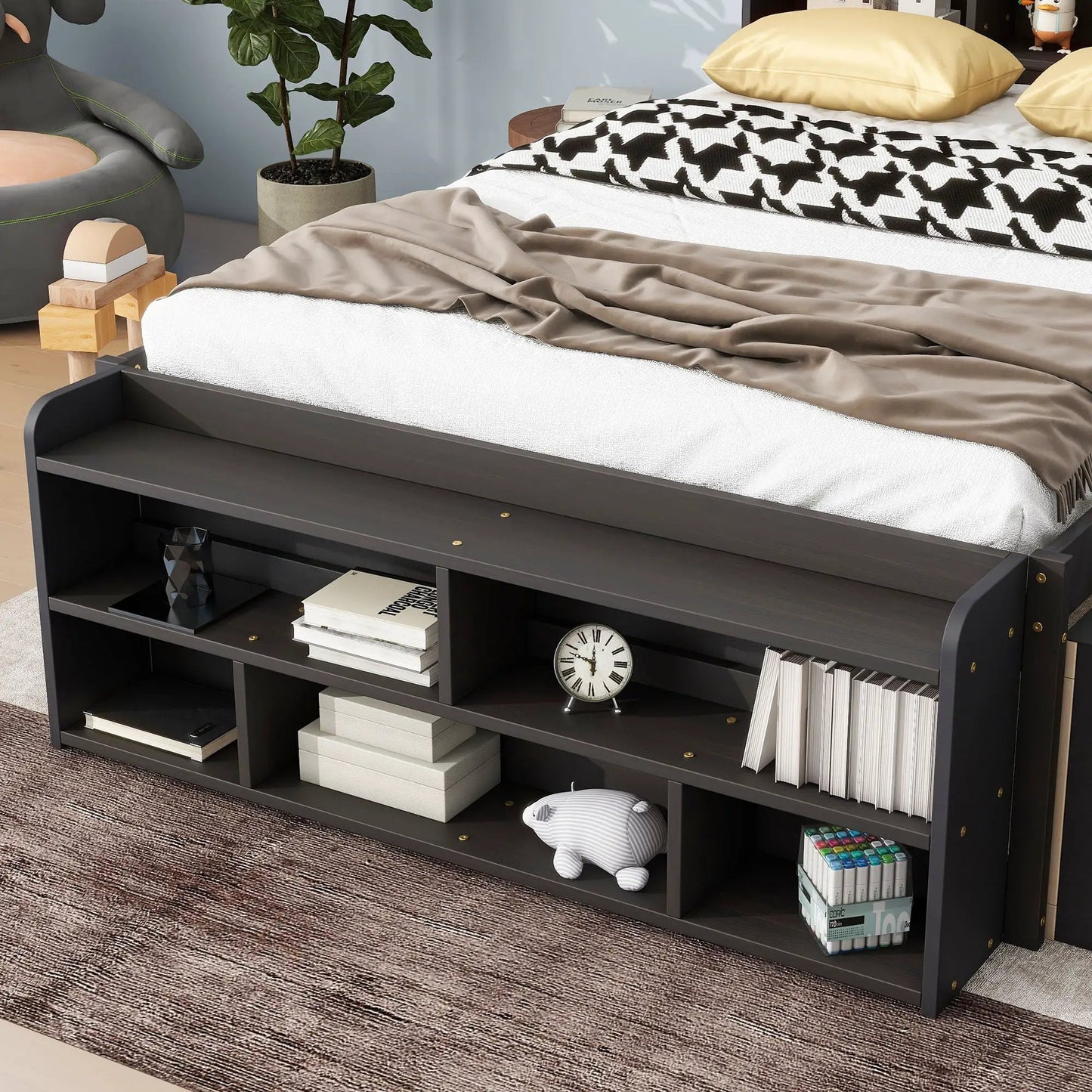 Bed With Bookcase Headboard and Under Bed Storage
