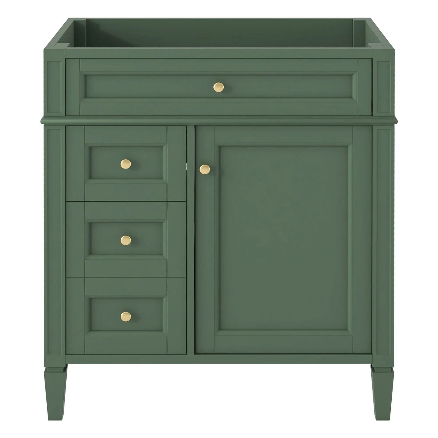Green bathroom vanity base with 2 drawers and side cabinet doors, gold knobs on Tampa Home & Garden Store