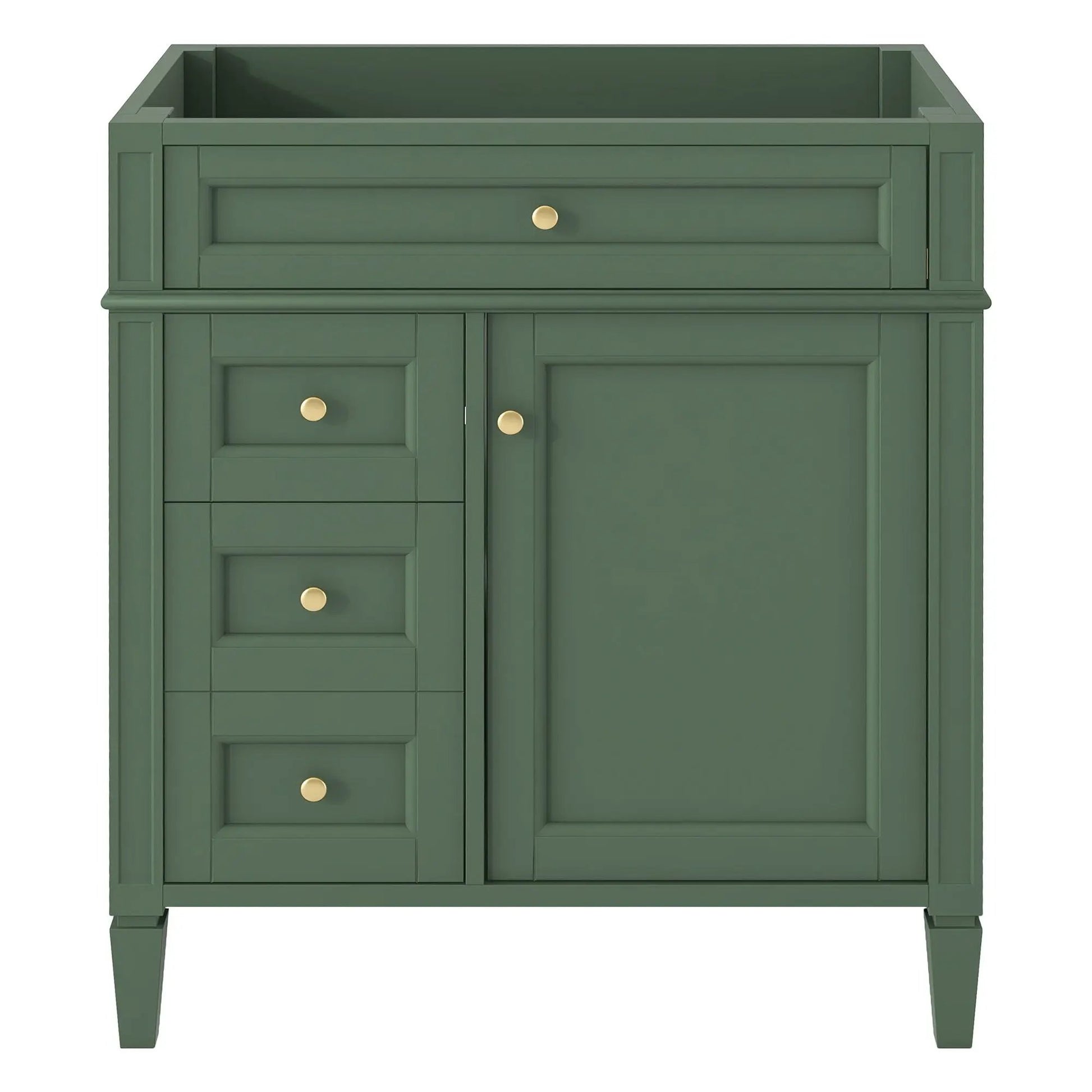 Green bathroom vanity base with 2 drawers and side cabinet doors, gold knobs on Tampa Home & Garden Store