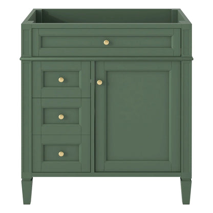 Green bathroom vanity base with 2 drawers and side cabinet doors, gold knobs on Tampa Home & Garden Store